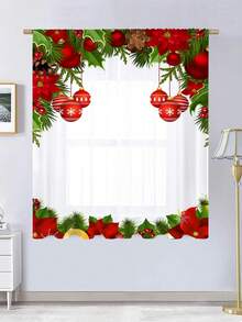 1 件圣诞装饰薄纱窗帘，半透明冷杉树枝气球装饰，适用于客厅、卧室、儿童房，带杆袋的圣诞窗帘，适合家居装饰