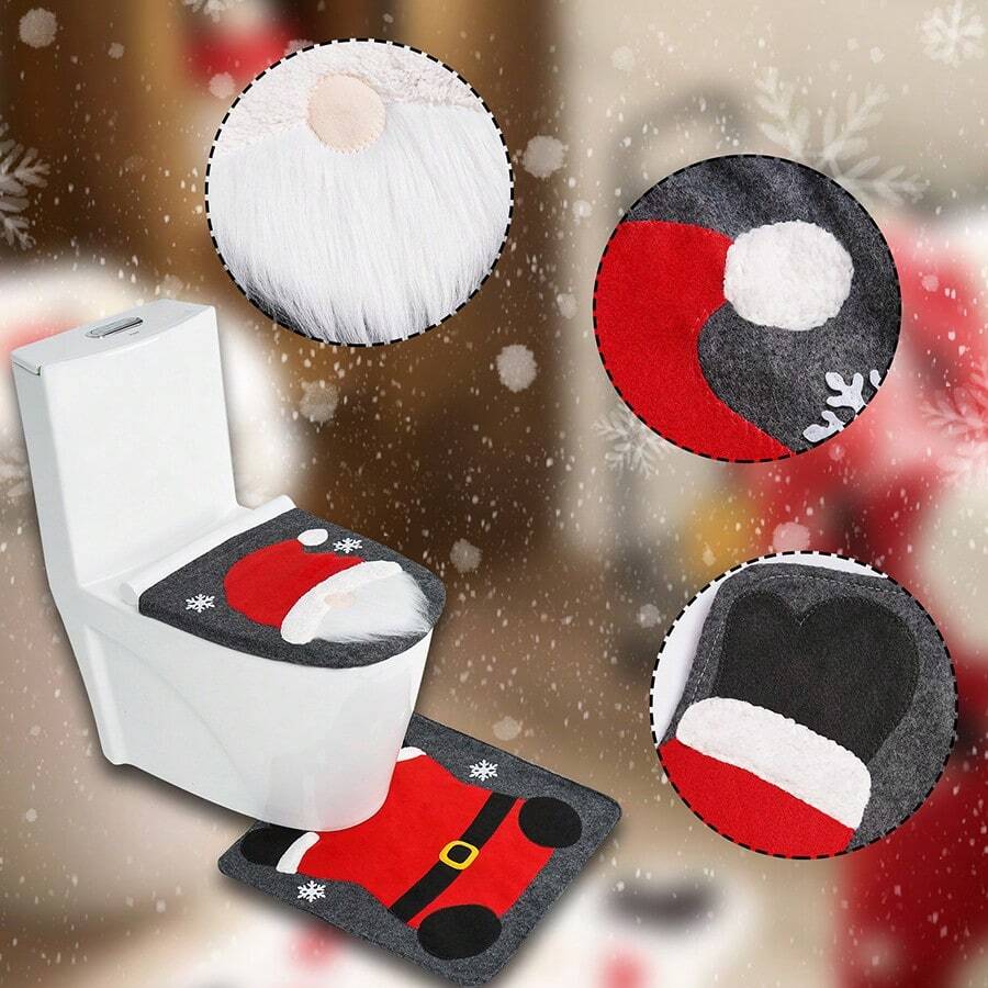 Set de 2 piezas Tapa del inodoro y alfombra de baño con diseño de Santa Claus, decoración navideña para el baño, regalo de Acción de Gracias - Rojo - Ver 1