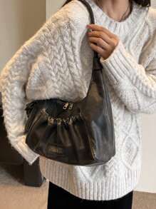 韩版简约小众纯色黑色复古质感女包秋冬新款时尚潮流手提包休闲百搭通勤旅行大容量单肩包 - 黑色 - 查看 5