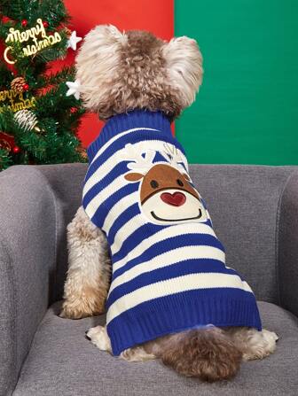 1pc Blue & White Fashionable Warm Christmas Pet Sweater With Deer Pattern For Cats & Corgis, Winter Holiday Outfit