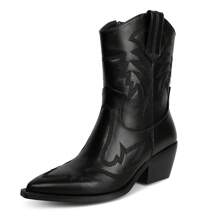 WETKISS Embroidered Cowboy Boots for Women, Ankle Cowgirl Boots with Pointed Toe, Side Zipper and Chunky Heel Design - 黑色 - 查看 1