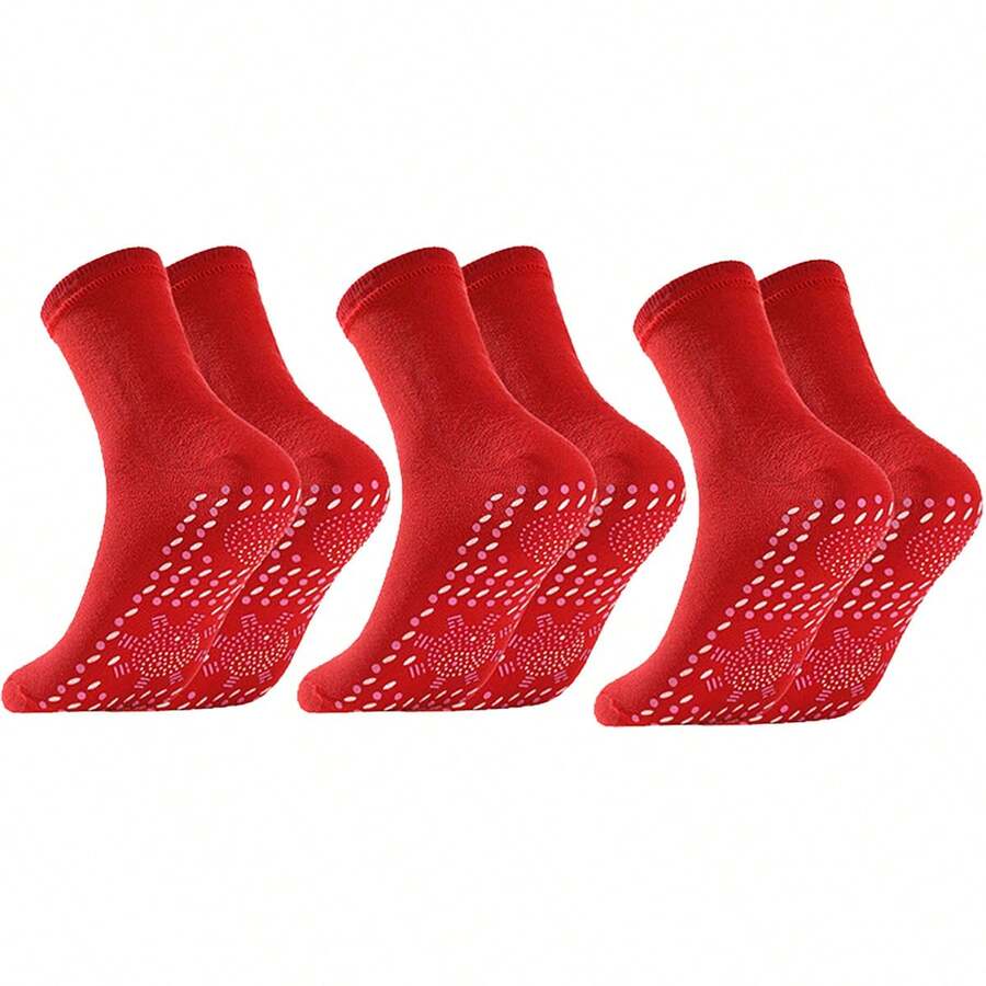 3pairs Red Thermal Insulated Self-heating Mid-calf Socks For Cold Resistance - Red - View 1