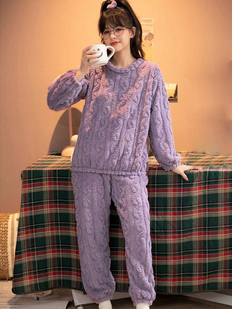 紫色提花家居服套裝 - 紫色 - 查看 1