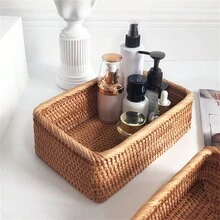 1pc Square Pure Handmade Rattan Storage Basket, Home Decoration, Photography Prop - Brown - View 4