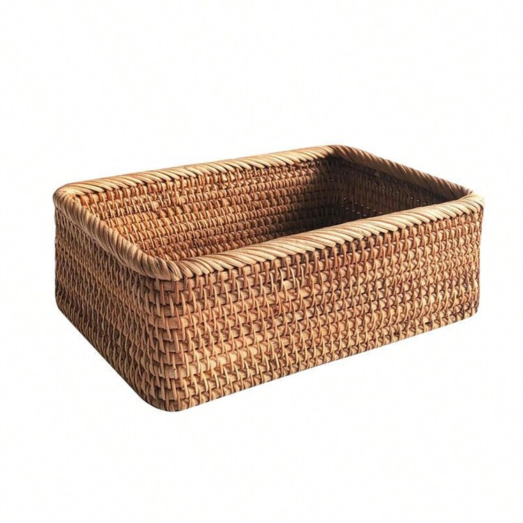 1pc Square Pure Handmade Rattan Storage Basket, Home Decoration, Photography Prop - Brown - View 7