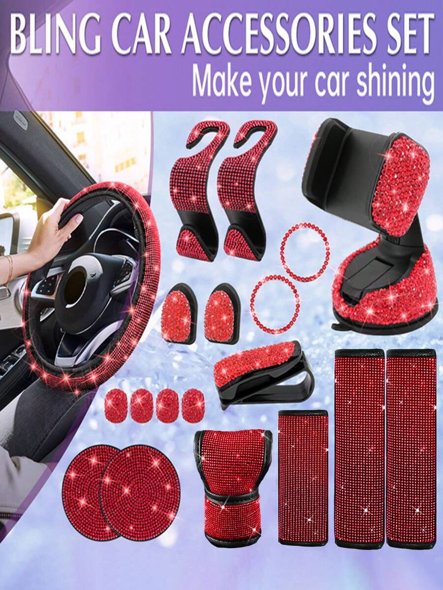 19pcs Bling Car Accessories Set For Women, Including Seat Belt Covers, Shift Gear Knob Cover