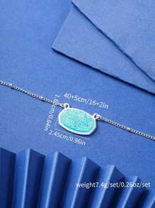 1pc Oval Shaped Pendant Necklace For Women, Dating & Birthday Gift - Baby Blue - View 3