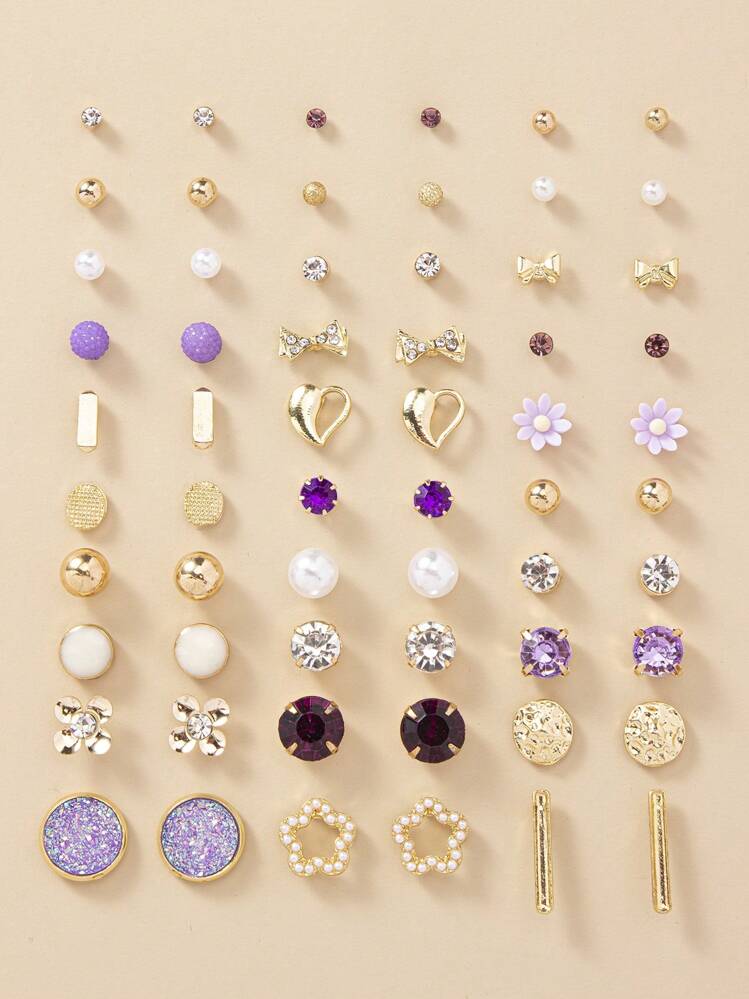 30對/組流行立體耳針,使用立體鑽石、人造珍珠、心形、金屬、花卉、幾何圖案設計,女性日常佩戴或節日送禮佳品,珠寶配件 - 金黃色 - 查看 14