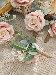 6pcs Pink Rose Mori Style Romantic Corsage Set For Wedding Or Party - Pink - View 3