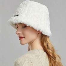 1PC Winter new style small label fisherman's basin hat, versatile warm bucket hat, plush velvet face-showing small hat - White - View 2