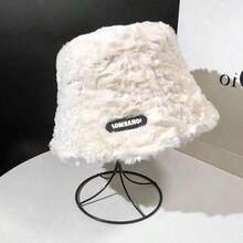 1PC Winter new style small label fisherman's basin hat, versatile warm bucket hat, plush velvet face-showing small hat - White - View 1