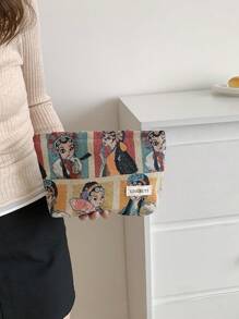 Bolsa de maquillaje vintage con estampado de niña de dibujos animados en lino jacquard, neceser de cosméticos portátil de gran capacidad para mujer, bolsa de aseo de viaje con cremallera para almacenamiento - Multicolor - Ver 2