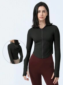 拉鍊帽衫拇指孔長袖瑜珈運動運動衫 - 黑色 - 查看 1