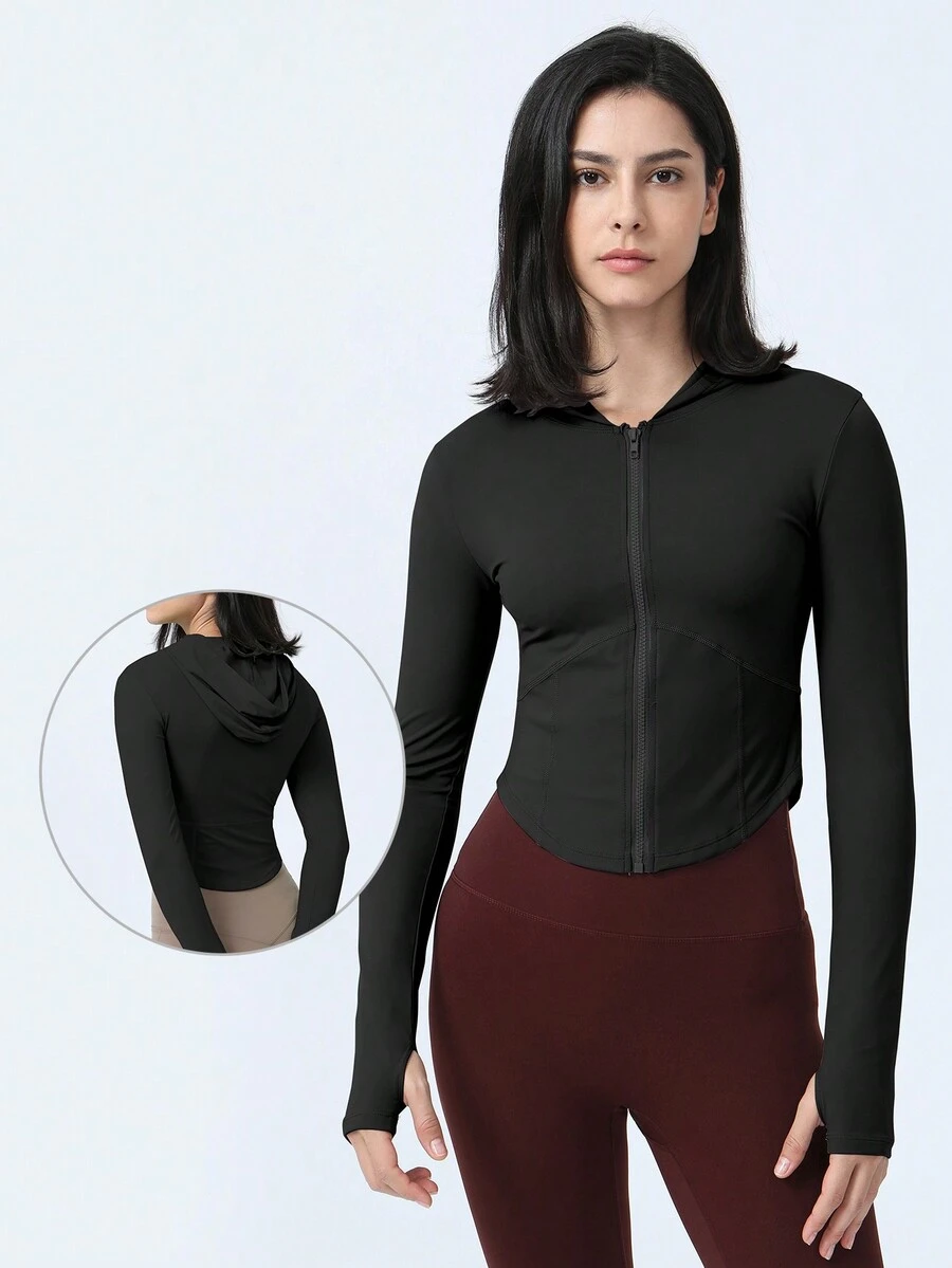 拉鍊帽衫拇指孔長袖瑜珈運動運動衫 - 黑色 - 查看 1