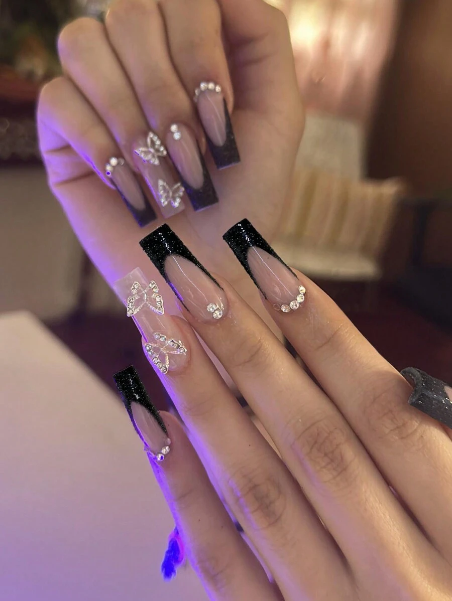 24入組額外長的棺材形狀蝴蝶和鑽石鏈3D美甲裝飾，附1入組指甲文件和1入組果凍膠壓指甲，美甲用品 - 查看 1