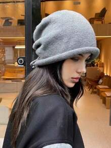 1pc Women's Grey Drawstring Knit Woolly Beanie Hat For Daily Wear Casual - Grey - View 3