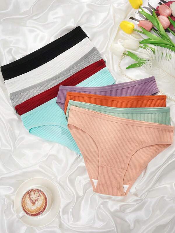 9 Piezas/paquete Ropa Interior Femenina De Color Sólido