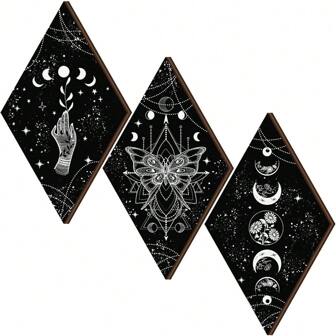 3 Pcs Rustic Boho Wall Decor Moon Phases Butterfly Wall Art Stars Moon Decor Minimalist Room Decor Wooden Gothic Witchy Wall Pediments Hanging Sign for Home (Black, Gold, 6.7 x 11.8 Inch)