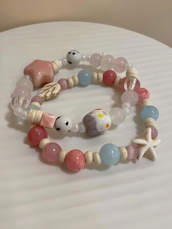 2 Piezas/set Pulsera Rosa Con Diseño De Cuentas Y Estrella De Mar