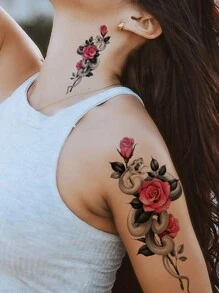Hình dán hình xăm, 1 tờ hình xăm tạm thời họa tiết hoa hồng dành cho phụ nữ, Hình dán hình xăm người lớn, Hình xăm hoa thực tế, Hoa hồng, Dành cho phụ nữ và trẻ em gái - Nhiều màu - Xem 4