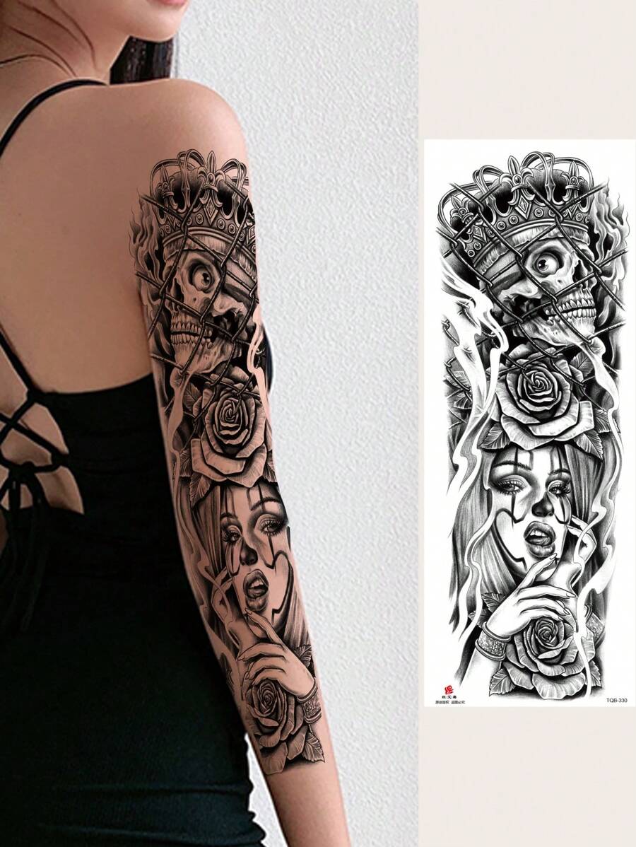 1 Pieza Pegatina De Tatuaje Temporal Con Diseño De Rosa, Diablo Y Corona Para Brazo, Pierna, Hombre Y Mujer Adulto - Negro - Ver 1