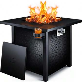 28" Gas Fire Pits with 2 Cup Holders for Outside 50,000 BTU Propane Fire Pit Table with Lid and Lava Rock