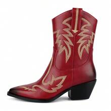 WETKISS Embroidered Cowboy Boots for Women, Ankle Cowgirl Boots with Pointed Toe, Side Zipper and Chunky Heel Design - Đỏ - Xem 3
