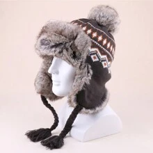 1個peruvian風格男性編織毛帽,帶有流蘇和兔子毛球,適用於戶外運動、狩獵、滑雪和聖誕禮物等。 - 灰色 - 查看 1