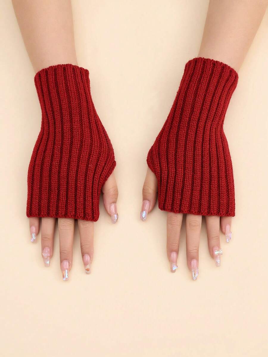 1pair Women's Solid Color Knitted Half Finger Gloves With Ribbed Cuff, Fashionable & Warm For Daily Wear And Accessorizing