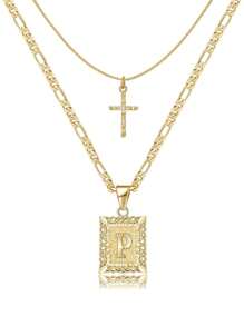 Letter Necklace Layered Initial Cross Necklace, Layering Square Letter Pendant Figaro Chain Cross Choker from A-Z Capital Jewelry for Women Girls - Yellow Gold - View 16