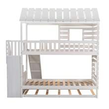 Stairway Solid Wood House Bed Twin Over Twin Floor Bunk Beds, Bunk Bed with Trundle and Slide, Storage Staircase, Roof and Window Design