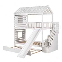 Stairway Solid Wood House Bed Twin Over Twin Floor Bunk Beds, Bunk Bed with Trundle and Slide, Storage Staircase, Roof and Window Design