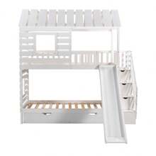 Stairway Solid Wood House Bed Twin Over Twin Floor Bunk Beds, Bunk Bed with Trundle and Slide, Storage Staircase, Roof and Window Design