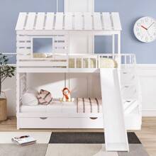 Stairway Solid Wood House Bed Twin Over Twin Floor Bunk Beds, Bunk Bed with Trundle and Slide, Storage Staircase, Roof and Window Design