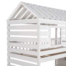 Stairway Solid Wood House Bed Twin Over Twin Floor Bunk Beds, Bunk Bed with Trundle and Slide, Storage Staircase, Roof and Window Design