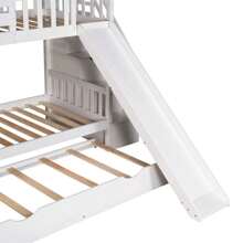 Stairway Solid Wood House Bed Twin Over Twin Floor Bunk Beds, Bunk Bed with Trundle and Slide, Storage Staircase, Roof and Window Design