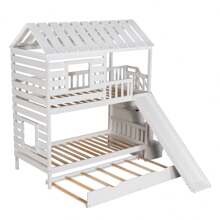 Stairway Solid Wood House Bed Twin Over Twin Floor Bunk Beds, Bunk Bed with Trundle and Slide, Storage Staircase, Roof and Window Design