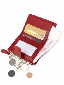 MIYIN Vintage Crocodile Pattern Short Women's Wallet, Snap Flap Multi-Card Slot Card Holder, Side Zipper Coin Compartment, Multi-Card Slots With Transparent ID Window, Layered Storage For Cards, Coins And Bills, Macaron Solid Color + Animal Print Multiple Styles Available, Suitable For May Day, National Day Short Trips, Weekend Commute Daily Storage, Lightweight Compact Card Holder Wallet For Holiday Travel - Red - View 2