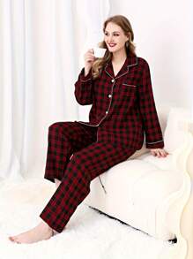 Conjunto De Pijama A Cuadros Para Mujer Talla Grande, Negro Y Rojo - Negro - Ver 2