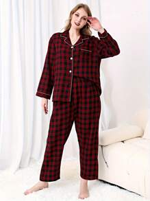 Conjunto De Pijama A Cuadros Para Mujer Talla Grande, Negro Y Rojo - Negro - Ver 4