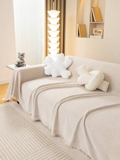 1pc Chenille Solid Color Tasseled Sofa Slipcover, Crafted With Anti-Scratch Technique, Suitable For Living Room, Bedroom, Office, Home Decor, For 1/2/3/4 Seater Sofas