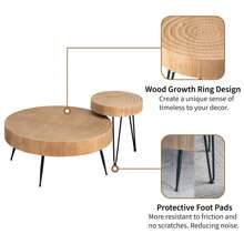 COZAYH 2-Piece Modern Farmhouse Living Room Coffee Table Set, Nesting Coffee Table Round Natural Wood Finish - Natural Ring Pattern - View 4