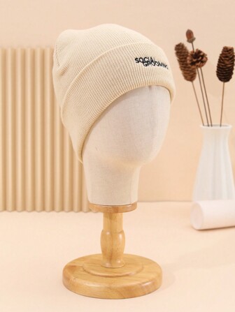 Men's Knitted Hat With Logo & Alphabet Embroidery, Warm & Windproof, Perfect For Autumn & Winter