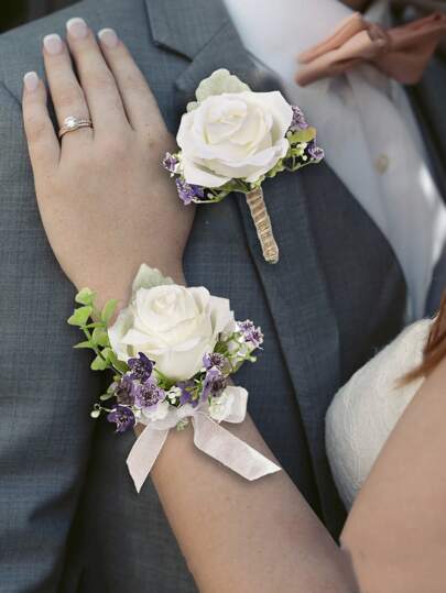 2PCS White & Purple Rose Boutonniere And Bride Wrist Corsage Set For Wedding Party Prom Homecoming