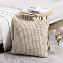 1 pieza/2 piezas Funda de almohada cuadrada de pana de unicolor de terciopelo suave con rayas de estilo bohemio (no incluye relleno de almohada), adecuada para vacaciones, sofá, dormitorio, cama, para uso en todas las estaciones - Beis - Ver 3