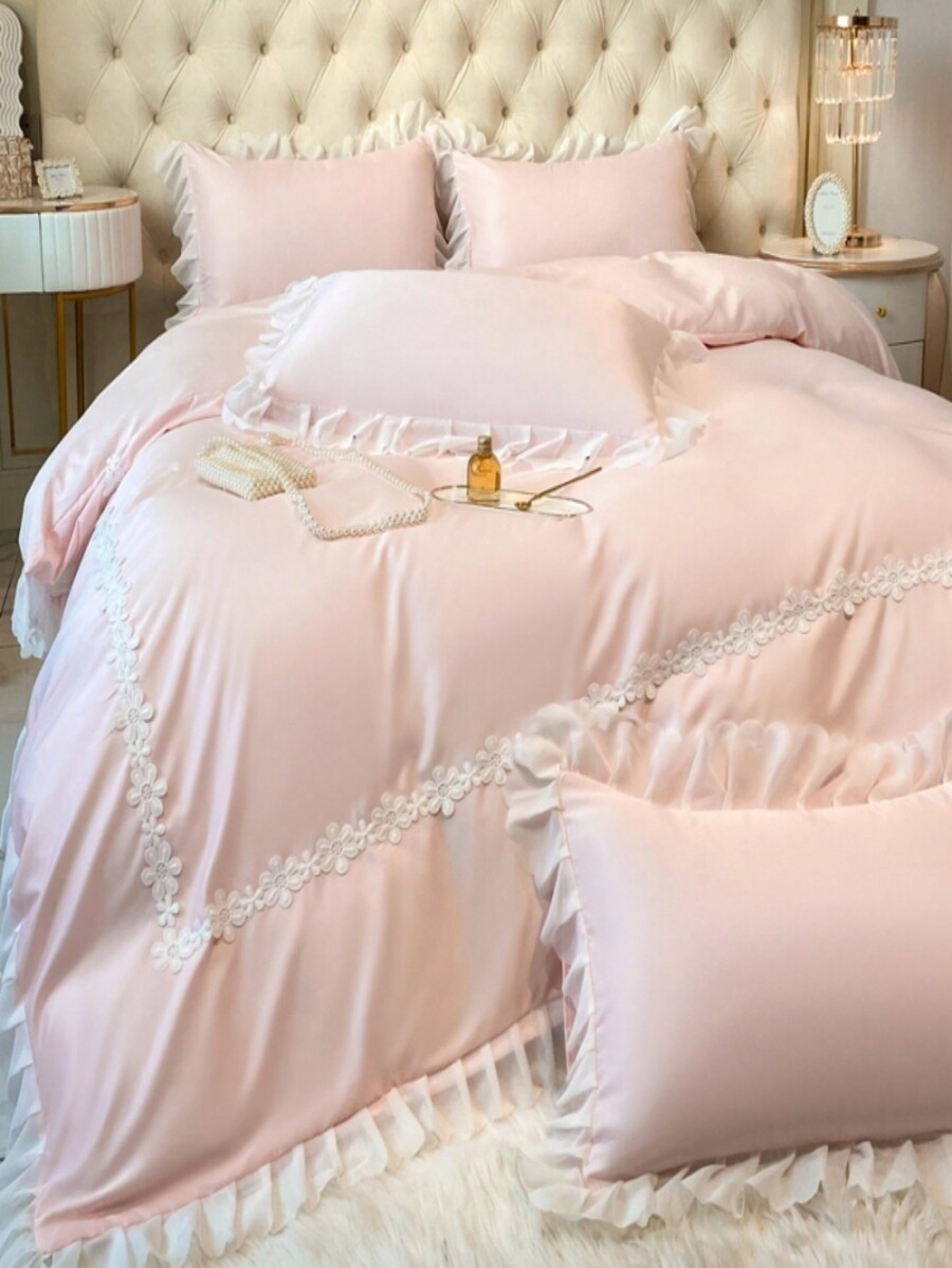 Cute Lace Trimmed Washed Silk Bedding Set (1 Duvet Cover & 2