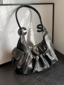 韩版简约小众纯色黑色复古质感女包秋冬新款时尚潮流手提包休闲百搭通勤旅行大容量单肩包 - 黑色 - 查看 2