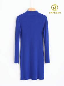 Elegante Vestido Arriba De La Rodilla - Estilo Vintage De Tela Estirable Cuello Alto Diseño Plegable A Rayas Colores Sólidos Disponibles "Vestidos Para Todo El Año" - Azul - Ver 2