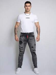 Logeqi® Men Men's Gothic Street Art Ripped Jeans With Patches - Black - View 4