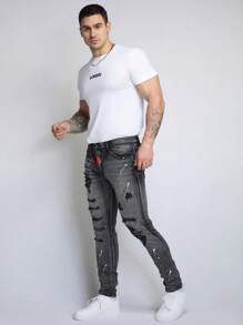 Logeqi® Men Men's Gothic Street Art Ripped Jeans With Patches - Black - View 5